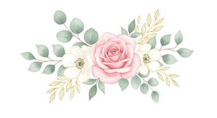 Watercolor floral illustration, a stunning bouquet featuring a central pink rose, white anemones, eucalyptus leaves, and shimmering golden foliage.