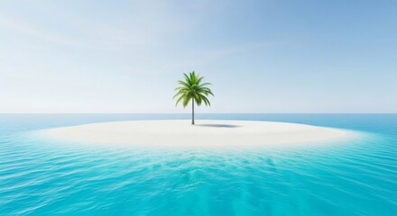 A solitary palm tree stands majestically on a pristine white sand island, offering a serene escape to a tranquil, remote paradise, where one can feel whisked away from the world