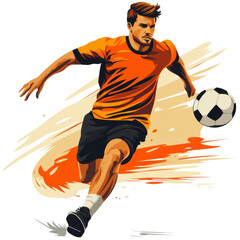 Dynamic soccer player in action, kicking ball with energy and focus