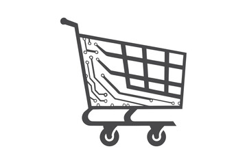 Shopping Cart with Circuit Board Design on White Background in Gray Color