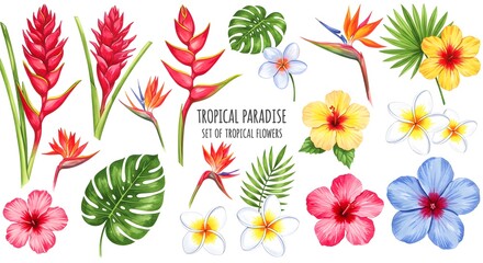 Watercolor floral illustration, a large and colorful set of tropical flowers and leaves, showcasing hibiscus, plumeria, red ginger, bird of paradise, and monstera leaves.