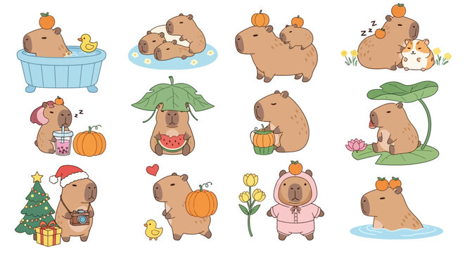 A delightful collection of cute capybara characters in a vector illustration set. Funny kawaii animal graphics for stickers and children's designs. EPS 18