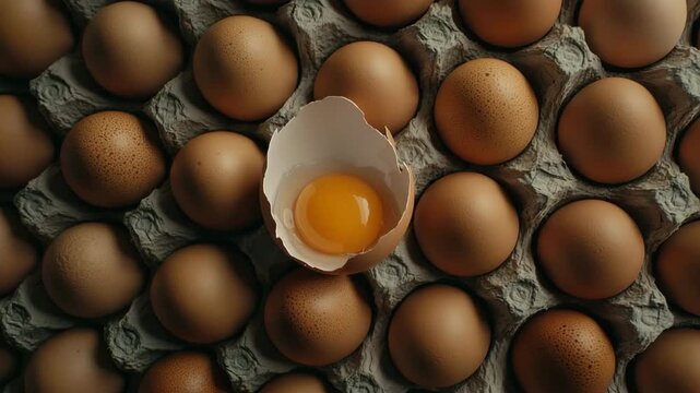 Brown egg carton with fresh organic eggs arranged in rows, cracked shell revealing yolk, natural food rich in protein, warm lighting highlighting brown shell texture and wholesome nutrition
