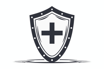 Shield with Plus Sign Icon, Minimalist Medical Symbol on White Background
