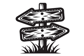 Two black signs with white arrows point in different directions above grass