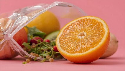 Fresh Fruits in a Plastic Bag on Pink Background