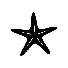A stark black starfish silhouette isolated against a plain white background in a minimalist style image