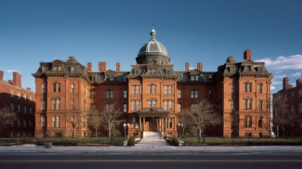 Obraz premium Impressive Large Red Brick Building with a Beautiful Dome on Top Surrounded by Lush Green Trees and Clear Blue Sky Evoking a Sense of Grandeur and History