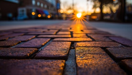 Brick road glows during sunset, blurred buildings behind. Golden hour paints the scene with warmth and light. Perspective is low to the ground