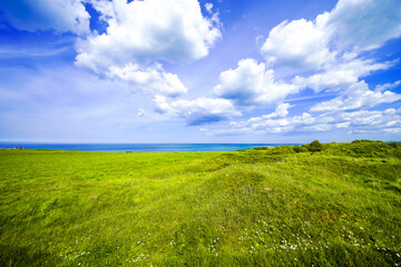 View of the landscape at Cap Gris-Nez in France. Nature on the Channel coast.
