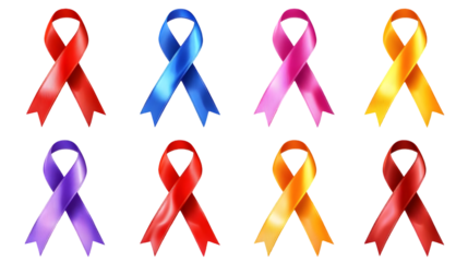 Collection set of awareness ribbons isolated on a transparent background
