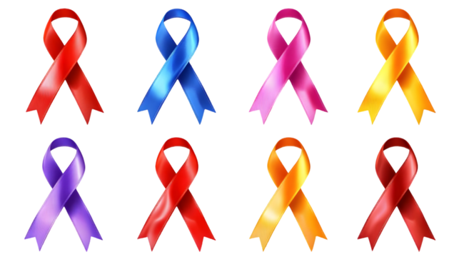 Collection set of awareness ribbons isolated on a transparent background