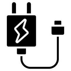 Power Charger Glyph Black Silhouette Icon Design Vector - Power adapter with plug and cable, symbolizing charging, electricity, and portable energy supply