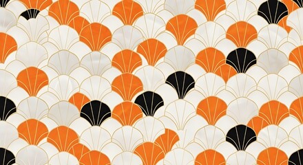 Obraz premium Hexagonal Fish Scale Tile Pattern - Orange Black White, Abstract Geometric Design, Modern Ceramic Background, Decorative Texture, Art Deco