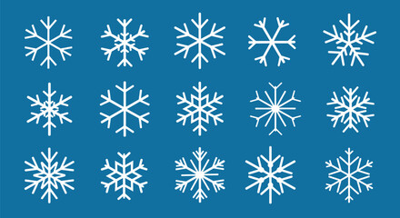 Vector set of white snowflake icons with various geometric designs on blue background