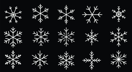 Vector set of white geometric snowflake icons on black background in various symmetrical designs
