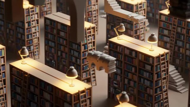 Exploring an infinite library maze with endless bookshelves and warm ambient lighting