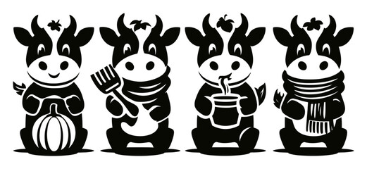 Obraz premium Playful Cows Enjoying Autumn Activities in a Whimsical Black and White Design