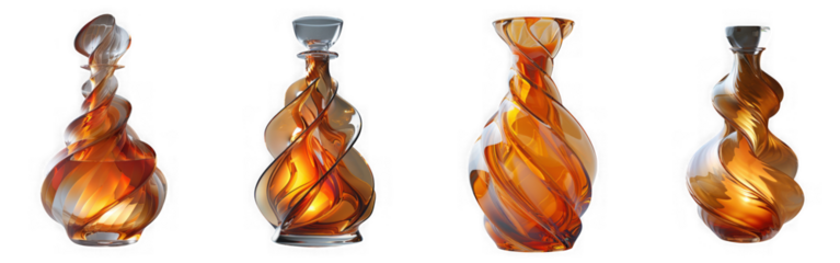 Four decorative glass bottles with amber liquid isolated on transparent background