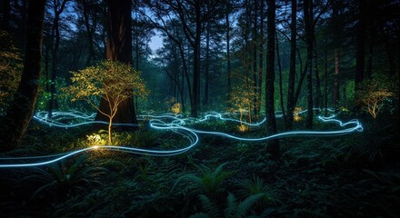 Enchanted Forest with Dynamic Organic Bioluminescent Field Textures and Luminous Flora