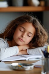 Peaceful young caucasian girl resting on desk with notebook in classroom