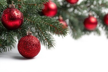 Fototapeta premium christmas tree branch with red ornaments on white background