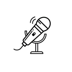 A black line drawing of a handheld microphone on a stand emitting sound waves