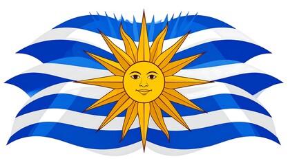 A stylized depiction of the Uruguayan flag, featuring flowing stripes and a central sun emblem.