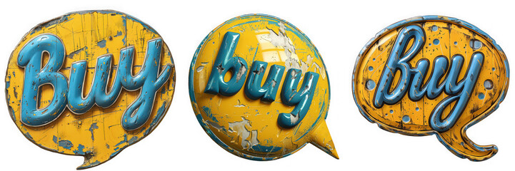 Three vintage yellow speech bubble signs with blue text saying buy, isolated on transparent background