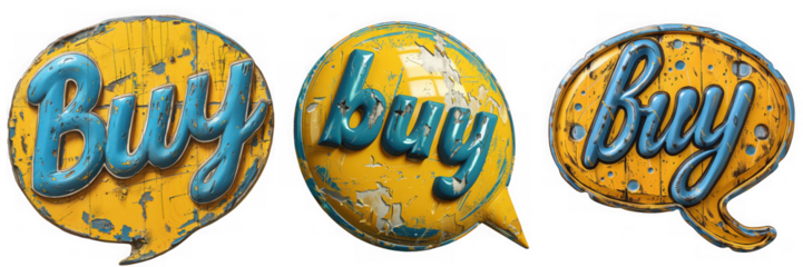 Three vintage yellow speech bubble signs with blue text saying buy, isolated on transparent background