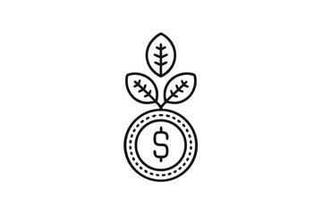Line art of coin with dollar sign and leaves, on white background