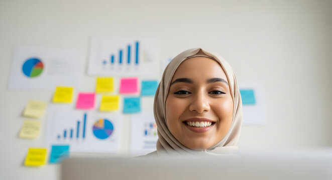 A smiling young woman in a hijab works on her laptop with data charts and sticky notes on the wall behind her, representing business analysis and productivity.