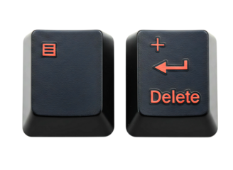 Two computer keyboard keys one with the letter e and the other with delete and an arrow isolated on transparent background