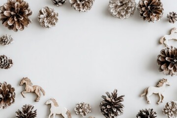 Pine cones and wooden horses on white background with empty space