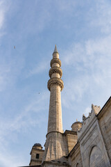 close-up of a minaret against a blue sky, Hagia Sophia in Istanbul, T&uuml;rkiye, Blue Mosque