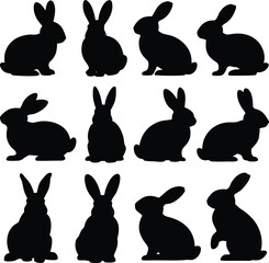 Fototapeta premium Black Rabbit Silhouette Collection Twelve Bunny Shapes for Easter or Spring Projects