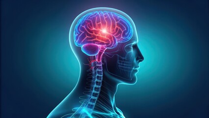 Obraz premium Close up profile of a transparent human head showing a glowing red area of intense activity within the brain