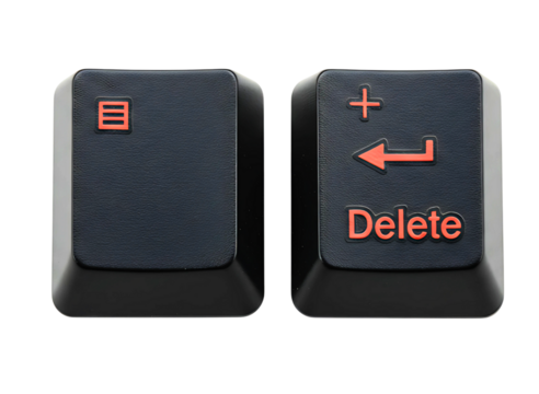 Two computer keyboard keys one with the letter e and the other with delete and an arrow isolated on transparent background