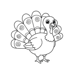 A cartoon turkey with a large fan of feathers on its back standing alone