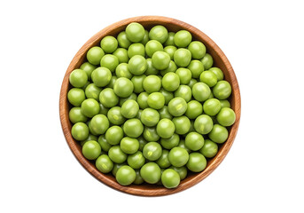 Overhead view of fresh green peas in a bowl isolated on transparent background