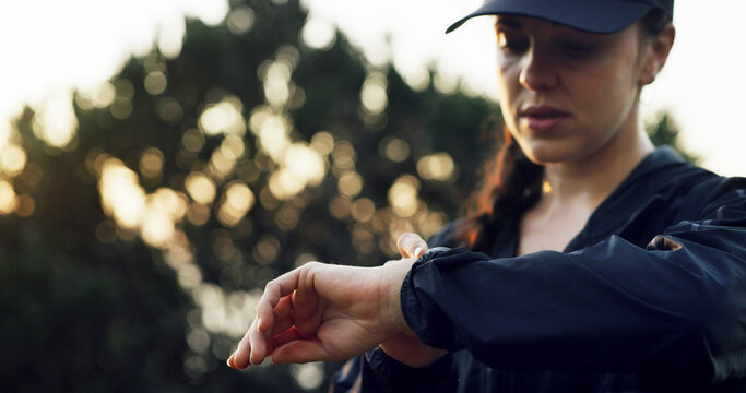 Smart watch, outdoor and woman with fitness, training and tracking progress with wellness. Healthy person, runner and athlete with exercise, nature or digital app for heart rate, iot clock or monitor