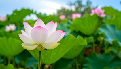 A delicate pink and white lotus flower blossoms in a vibrant garden setting.