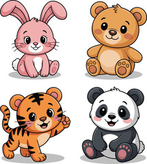 Fototapeta premium Cartoon Animals Pink Bunny, Brown Bear, Striped Tiger, and Panda Bear Sitting on White Background