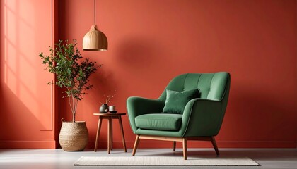 Green armchair in terracotta room, plant, side table, rug