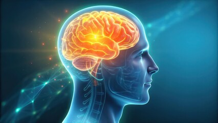 Obraz premium Glowing human brain in profile silhouette with neural network connections and light streaks