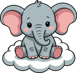 Obraz premium Cartoon Baby Elephant with Pink Ears Sitting on a Fluffy Cloud Illustration