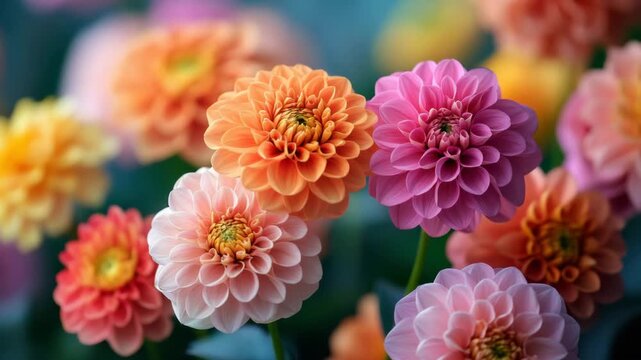 Colorful dahlia flower bloom with soft petals in vibrant shades of orange, pink, and peach creating lively and cheerful garden full of vibrant colorful petals and blooms