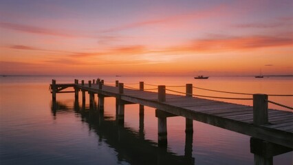 Fototapeta premium Wooden Pier Extending into Calm Waters at Sunset