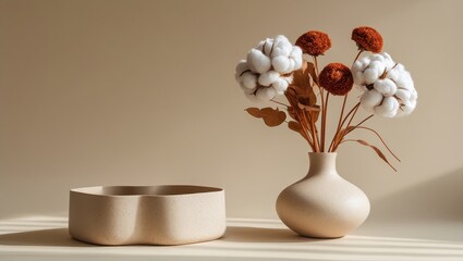 A beige ceramic bowl and vase with dried flowers, showcasing a minimalist aesthetic in a soft, neutral color palette.