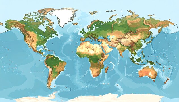 A comprehensive global map displays continents, oceans, and varied landforms in a detailed, realistic illustration. - Powered by Adobe